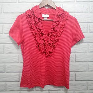 Soft Surroundings Women's Size Small Red Striped Ruffled V-Neck Short Sleeve Top